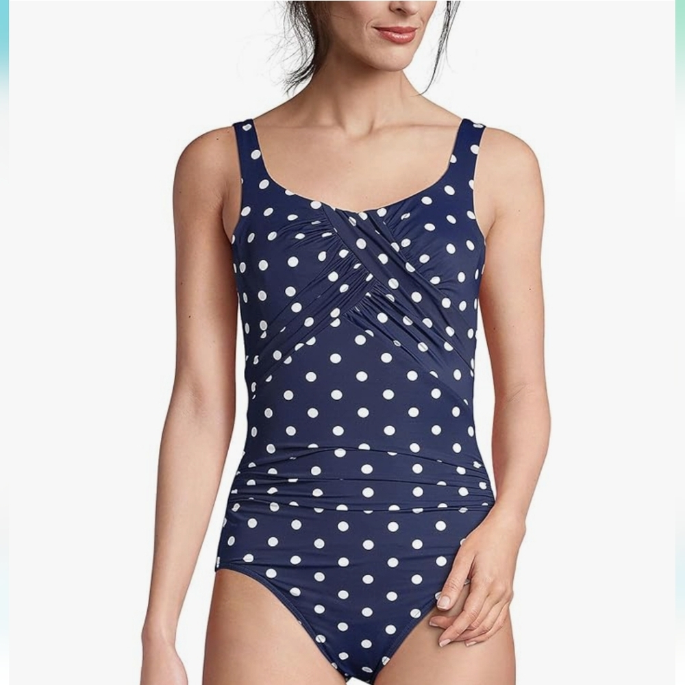 Lands' End Slendersuit Slimming Tummy Control one-piece - navy polka-dot